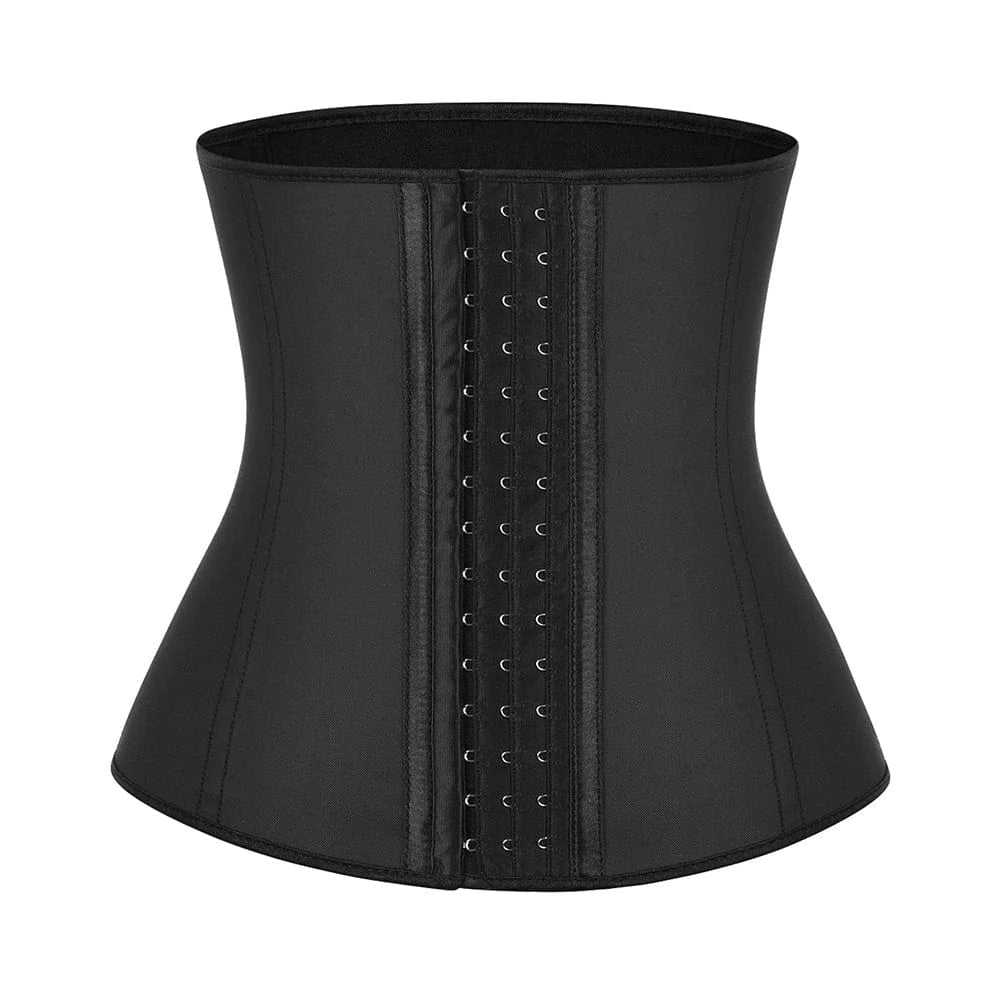 9 Steel Boned Black Latex Waist Cincher Hook-And-Eye Closures Smooth Silhouette